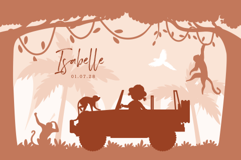 Jungle geboortekaartje met meisje in jeep en aapjes
