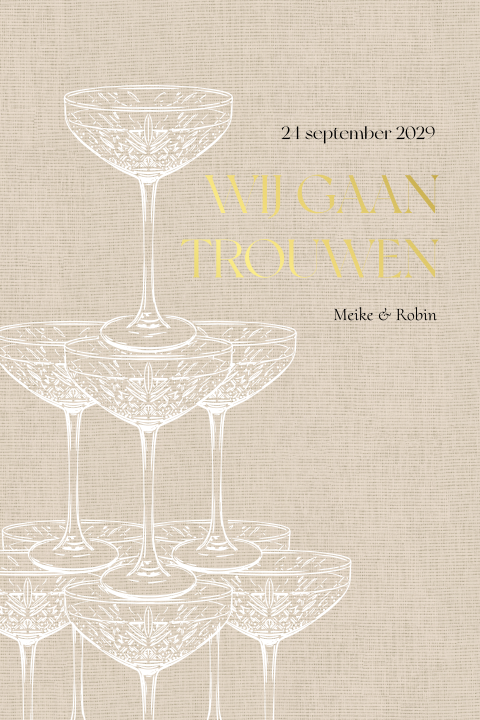 Chique trouwkaart met champagneglazen en beige linnenlook