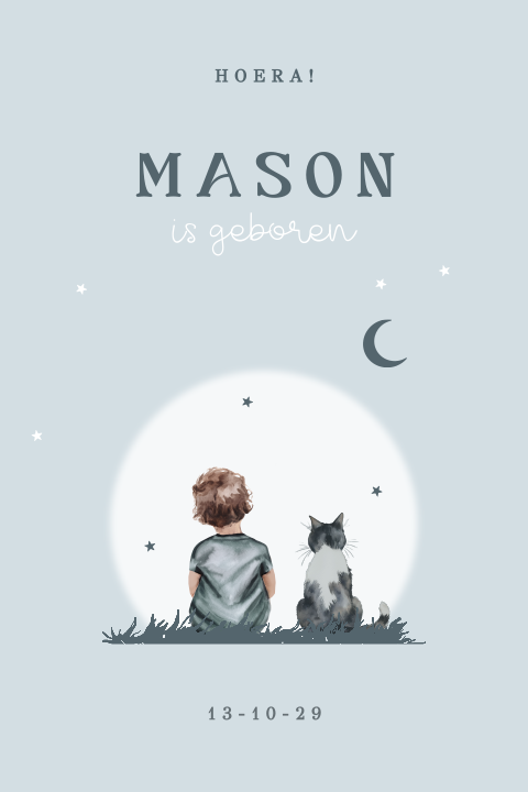 Blauw geboortekaartje met silhouetjes jongen en poes
