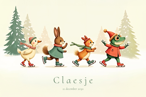 Winter geboortekaartje met vintage diertjes op schaatsen