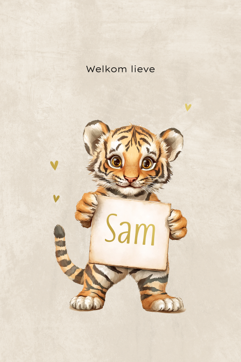 Beige geboortekaartje tijger en naambord