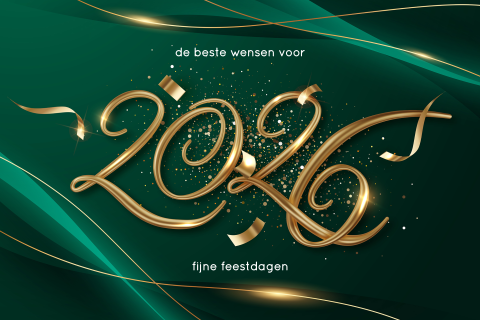 Chique donkergroene kerstkaart met 2026 in goud