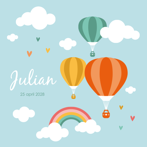Geboortekaartje jongen met luchtballon en regenboog