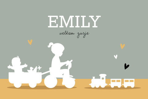 Geboortekaartje silhouet 2e kindje met zusjes op fiets