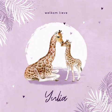 Lila geboortekaartje meisje met grote en kleine giraf en bladeren