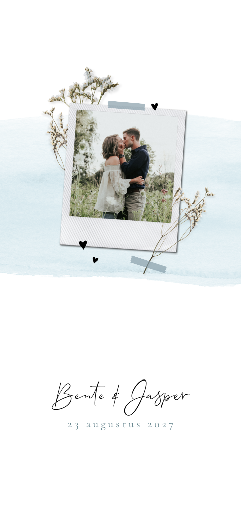 Vintage trouwkaart met droogbloemen en polaroid foto