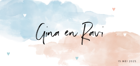 Tweeling geboortekaartje jongen meisje met pastel waterverf en hartjes