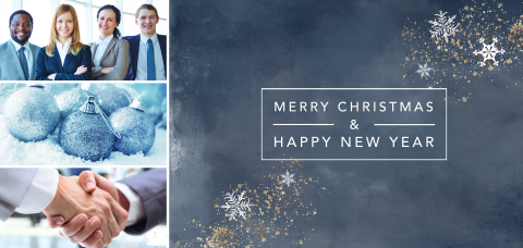 Blauwe kerstkaart met business foto's met spetters