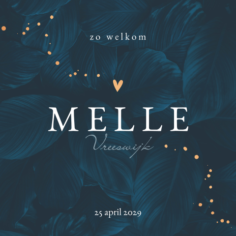 Diepblauw geboortekaartje met koperfolie spetters en bladeren