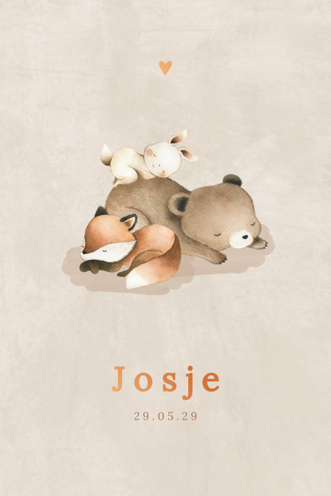 Beige geboortekaartje met slapende bosdiertjes