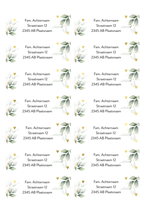 Adressticker met bladeren en goudfolie hartjes