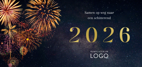 Goudfolie nieuwjaarskaart met vuurwerk en 2026