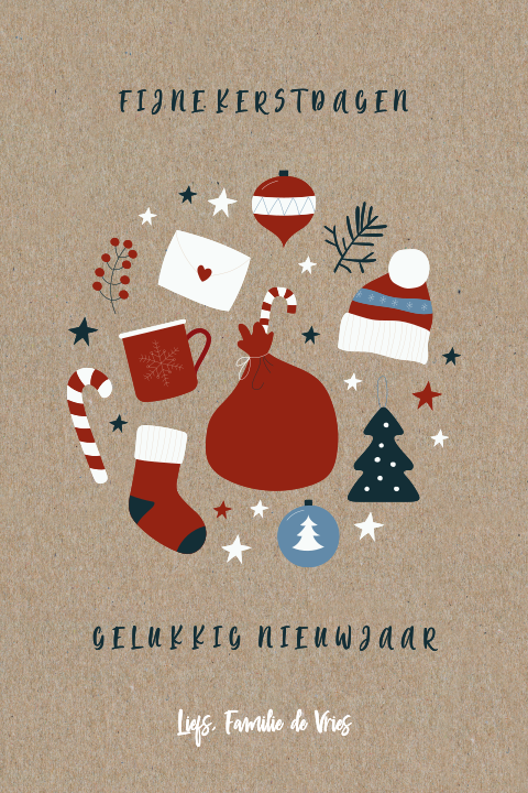 Kerstkaart met kerst tekeningetjes op kraft