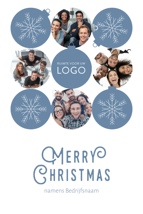 Kerstkaart met negen kerstballen met sneeuwvlok en foto's