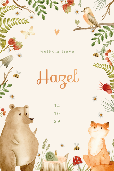 Herfst geboortekaartje met bosdiertjes