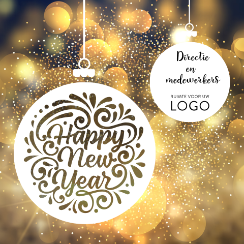 Kerstkaart met gele lichtjes achtergrond en twee witte kerstballen