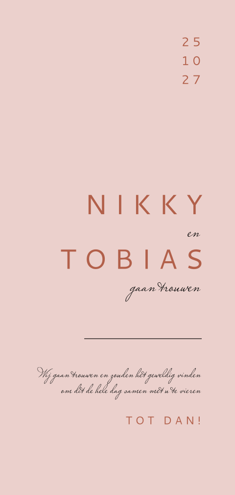 Minimalistische trouwkaart in roze met hippe typografie in roestrood
