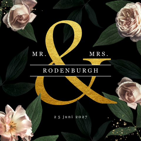 Zwarte botanische trouwkaart met roze rozen en bladeren