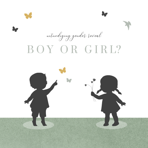 Gender reveal uitnodiging met silhouet kindjes en vlinders