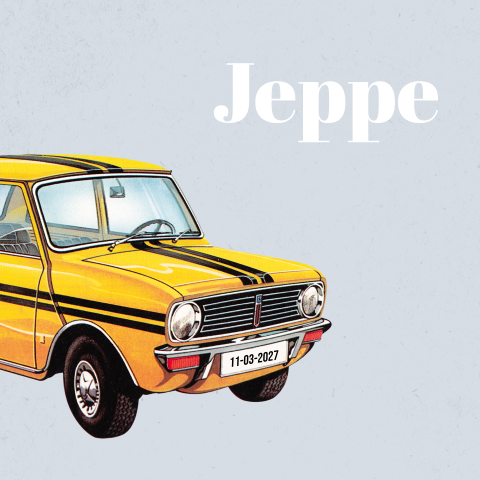 Blauw retro geboortekaartje met gele auto