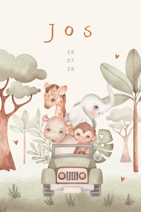 Safari geboortekaartje met jeep vol wilde dieren