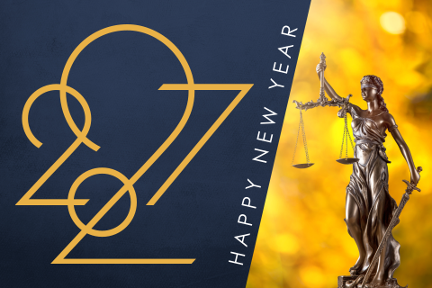 Kerstkaart voor advocatuur met 2027 en vrouwe justitia