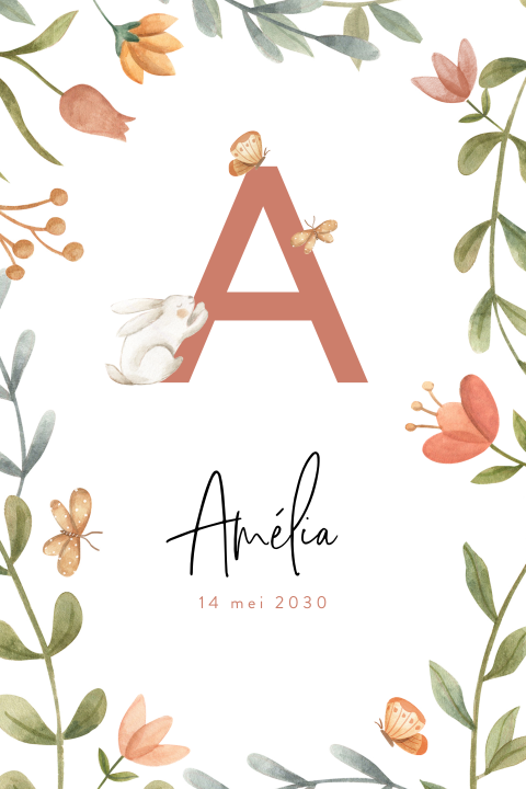 Geboortekaartje dieren met initiaal en bladeren