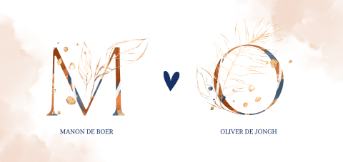 Hippe trouwkaart met initialen in oranje en blauw