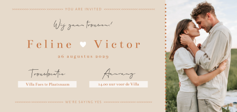 Beige trouwticket met eigen foto