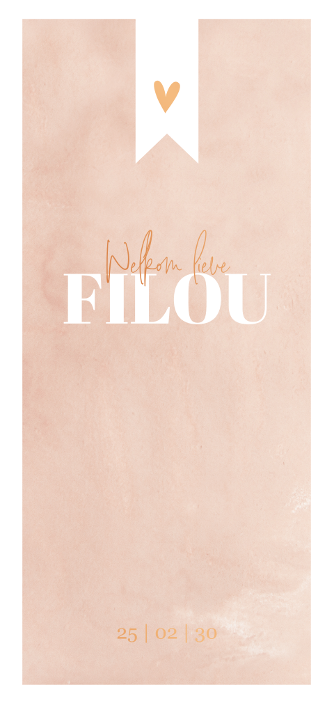 Grafisch meisjes geboortekaartje in roze met koper hartje en vaantje