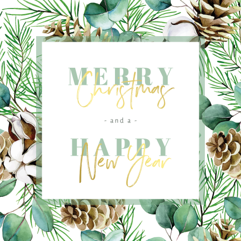 Botanische kerstkaart met goudfolie typografie