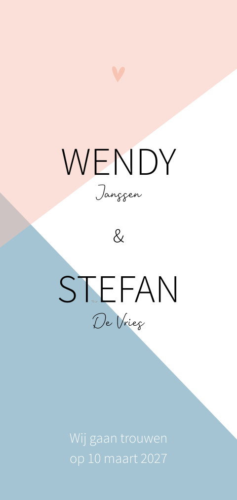 Grafische trouwkaart met geometrische vlakken in roze en blauw