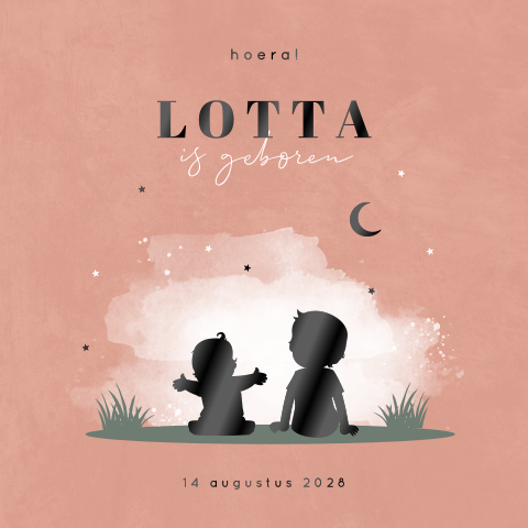 Silhouet geboortekaartje twee broertje in hoogglans zwart