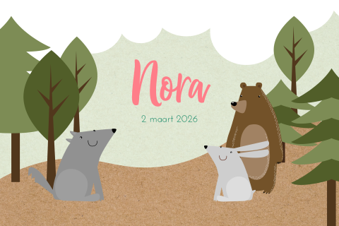 Bos geboortekaartje meisje met getekende dieren en foto