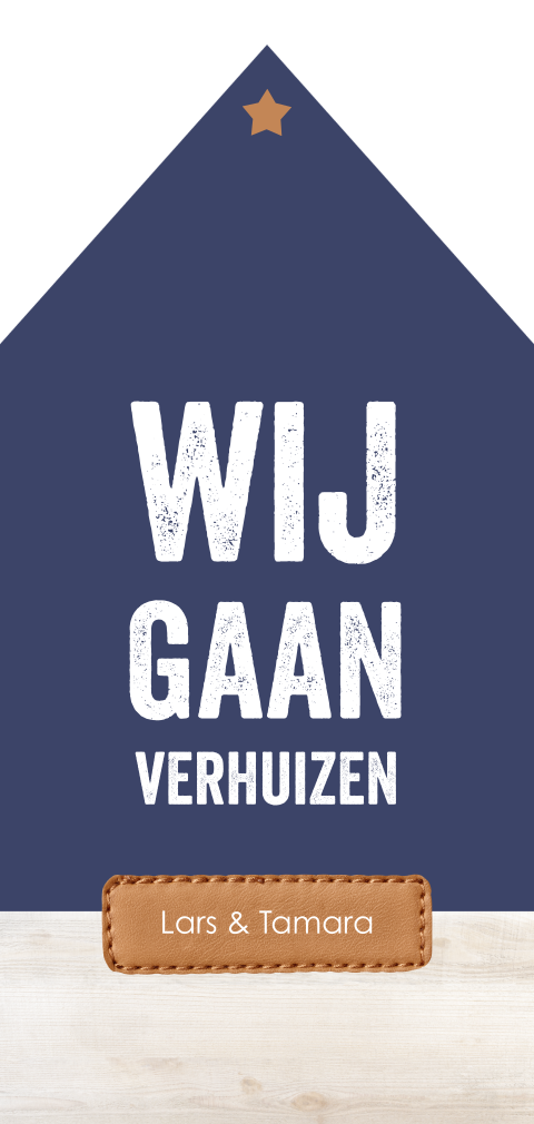 Strakke verhuiskaart met stoere typografie en leren label