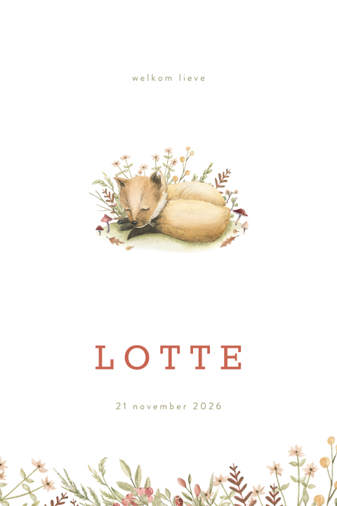 Herfst geboortekaartje voor een lief meisje met vosje en takjes