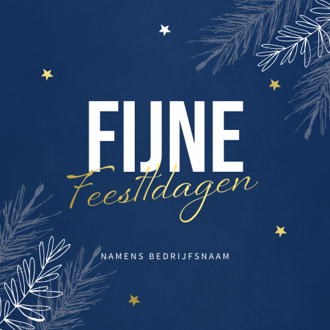 Diepblauwe kerstkaart met goudfolie typografie, sterren en takken