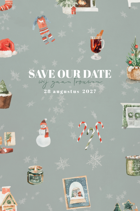 Save the date kerstkaart met kerst tekeningetjes