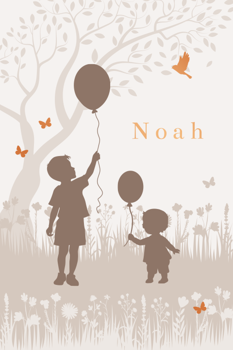 Beige geboortekaartje met grote broer en ballon
