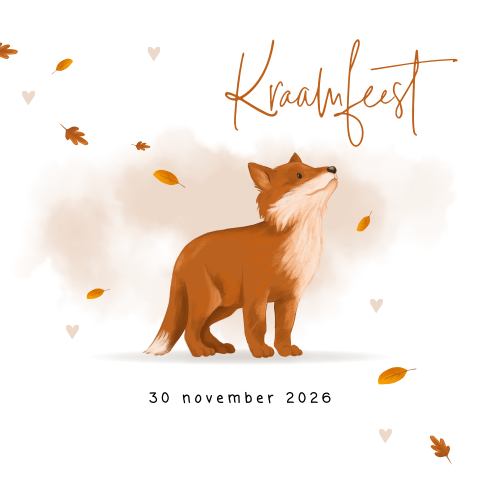 Herfst kraamkaartje meisje met vos en roze waterverf