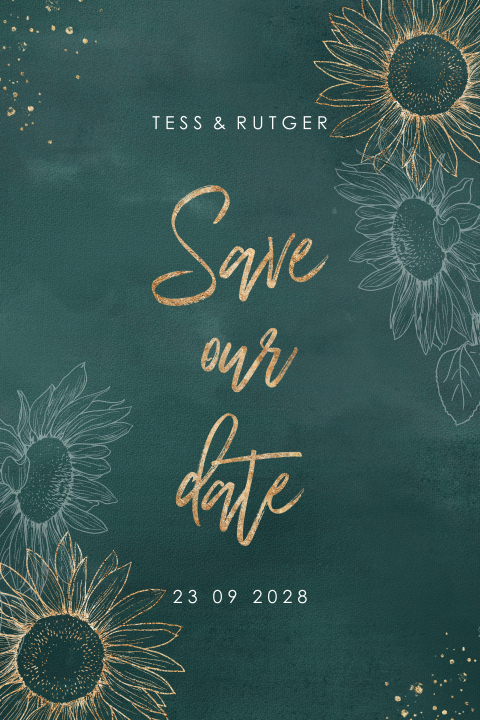Donkergroene save the date kaart met zonnebloemen en spetters
