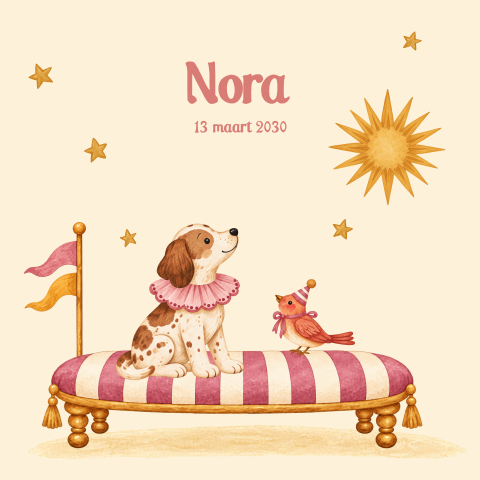 Vintage geboortekaartje met hondje, mus en roze strepen