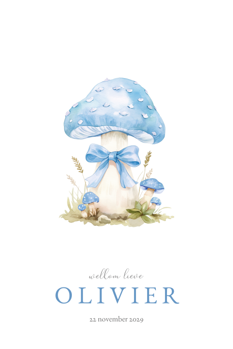 Geboortekaartje met blauwe paddestoelen