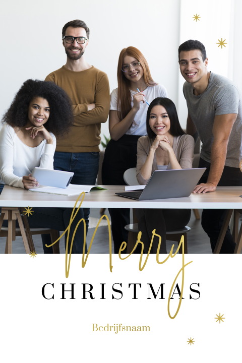 Kerstkaart met grote foto en goudfolie sterretjes