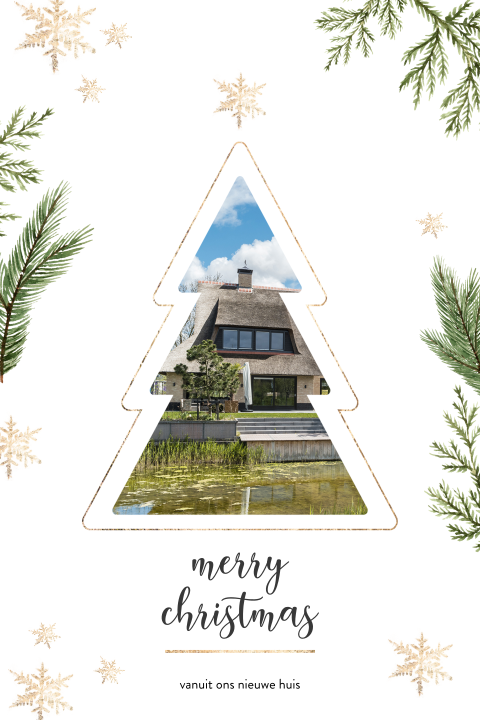 Verhuiskaart met foto in kerstboom, takjes en sterren