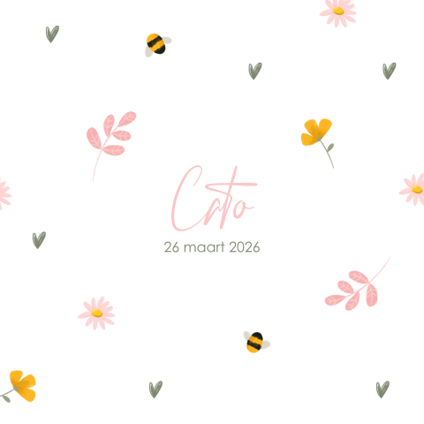Lente geboortekaartje meisje met gekleurde bloemetjes en bijtje