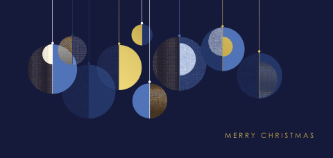 Donkerblauwe kerstkaart met goudfolie kerstballen