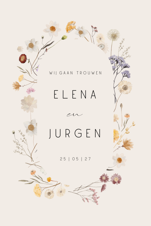 Beige trouwkaart met wilde bloemen in krans