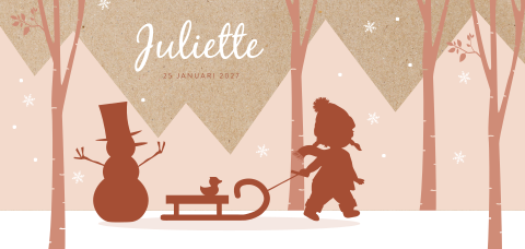 Silhouet geboortekaartje winter met meisje in de sneeuw