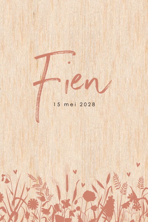 Houten geboortekaartje met terra bloemen en sierlijke naam